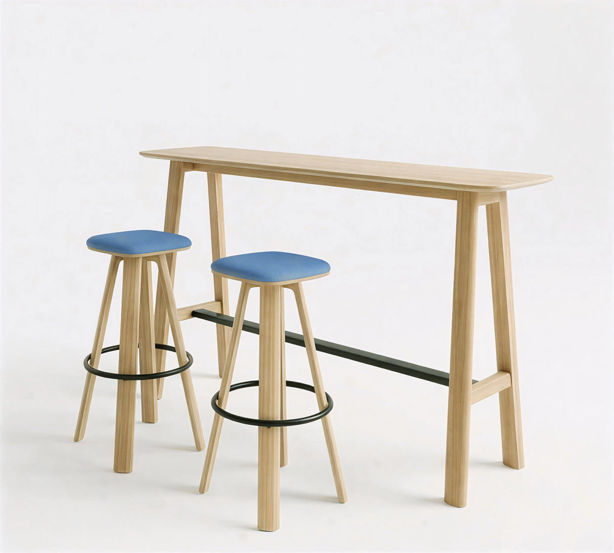 Classic Wood Narrow High Table + 2 Round Top High Bar Stools (Bundle)