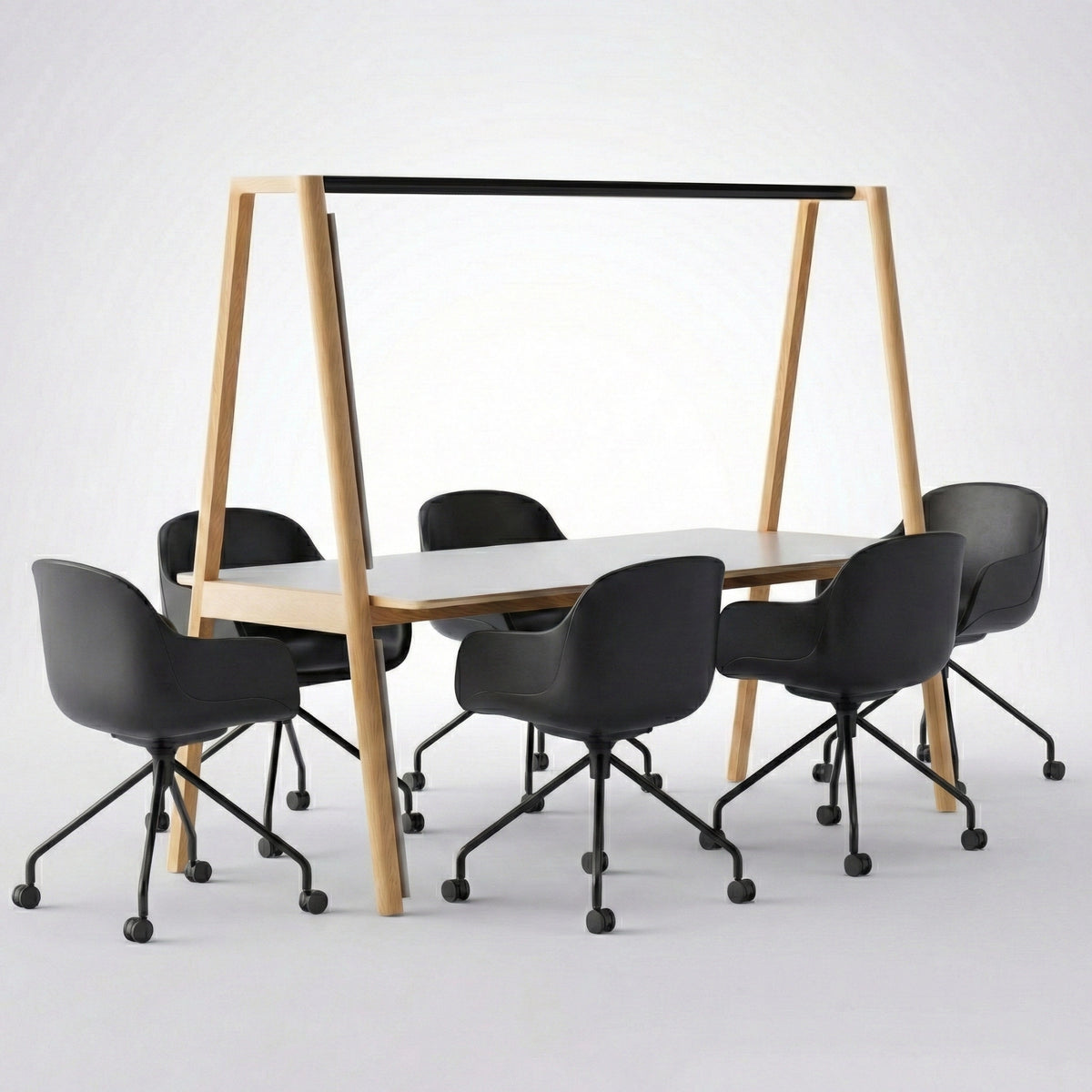 Classic Wood Table with Light Bar + 6 Modern Mid Back Task Chairs (Bun ...