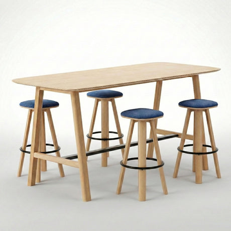 Classic Wood Wide High Table + 4 Round Top High Bar Stools (Bundle)