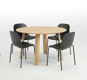 Round Wood Dining Table + 4 Plastic Cafe Chairs Stackable (Bundle)